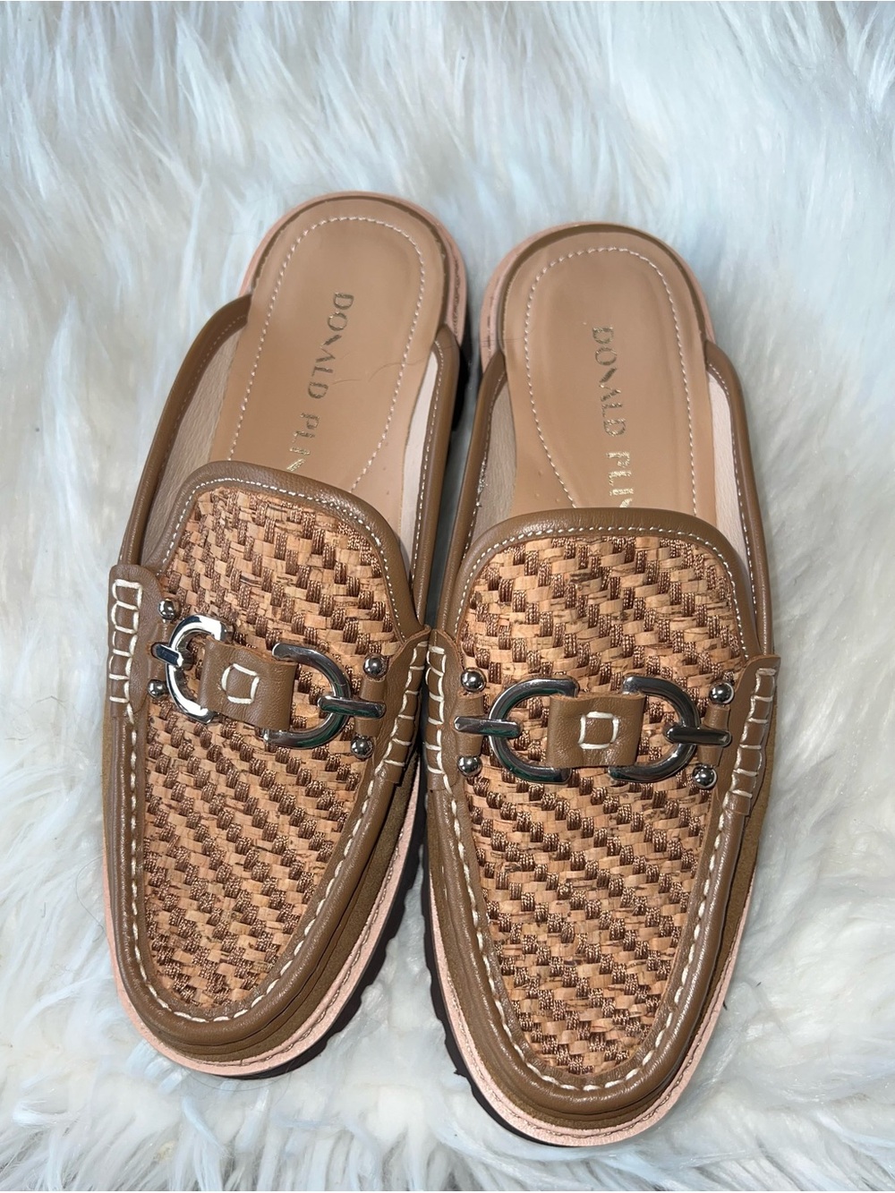 Donald J. Pliner Woven Tan Leather Slide Mules with Metallic Bit - Picture 2 of 5